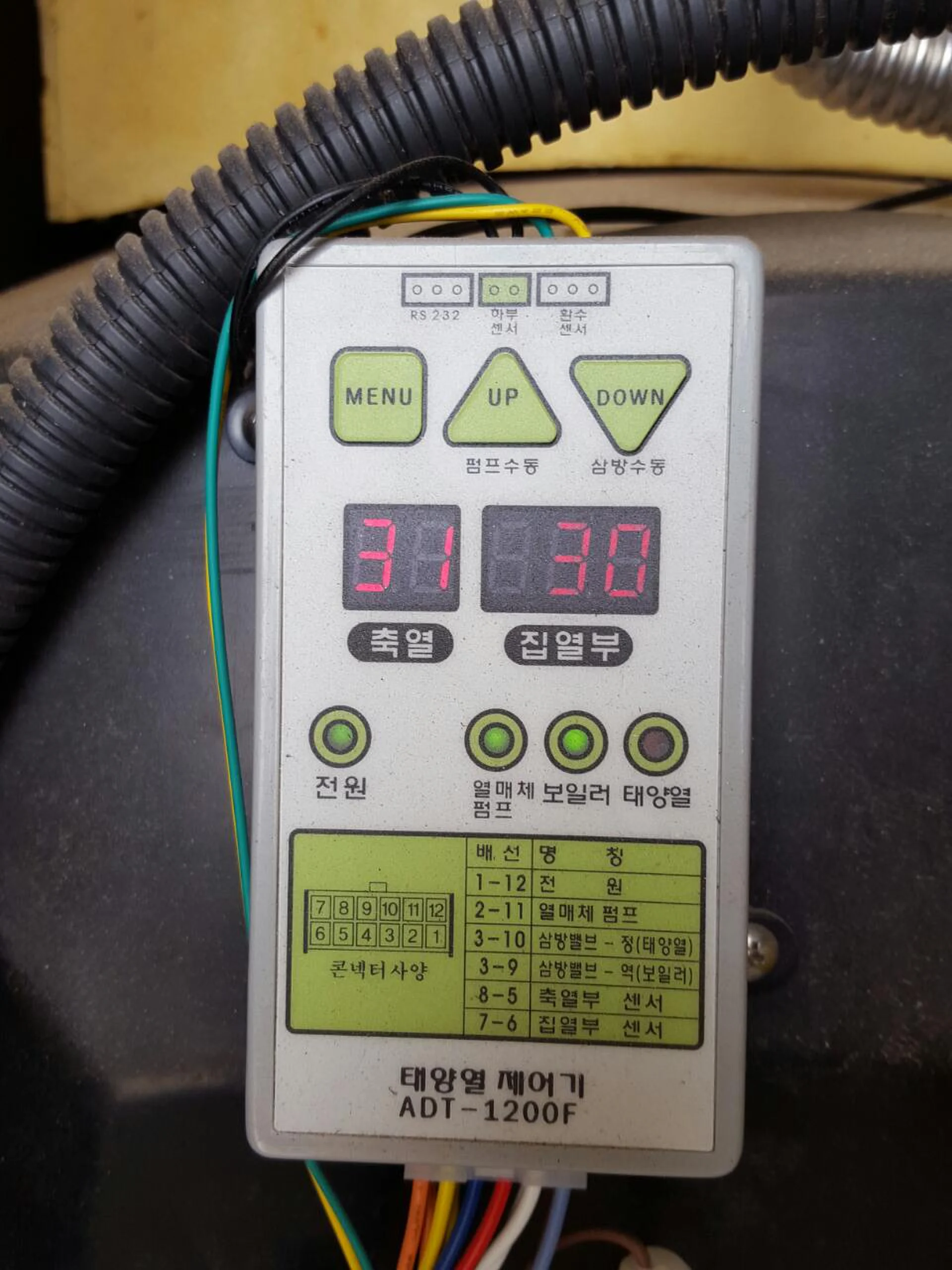 실내 벽면에 설치된 태양열 설비 디지털 제어기